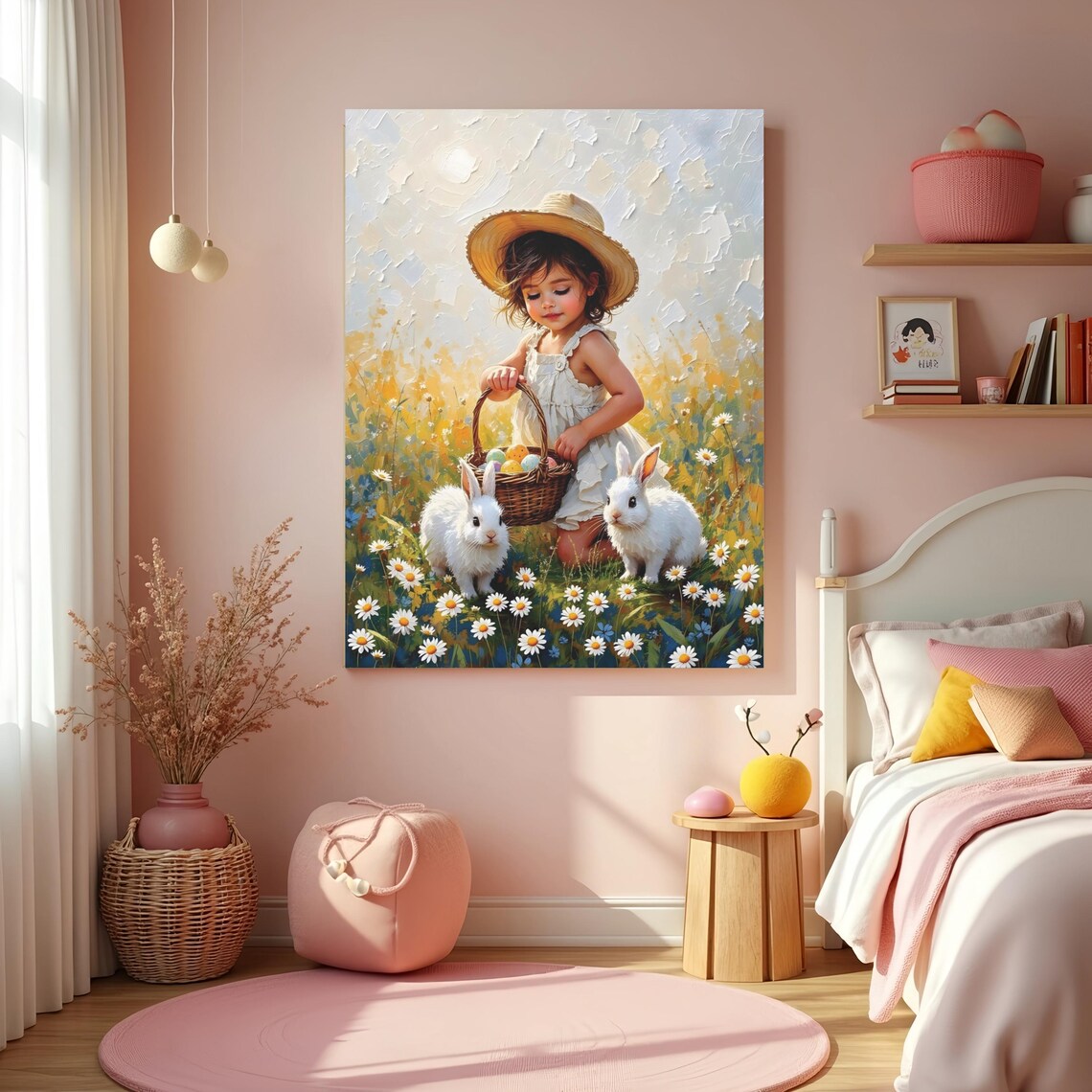 Little Girl Easter Egg Basket Bunnies Daisy Field Spring Art Poster