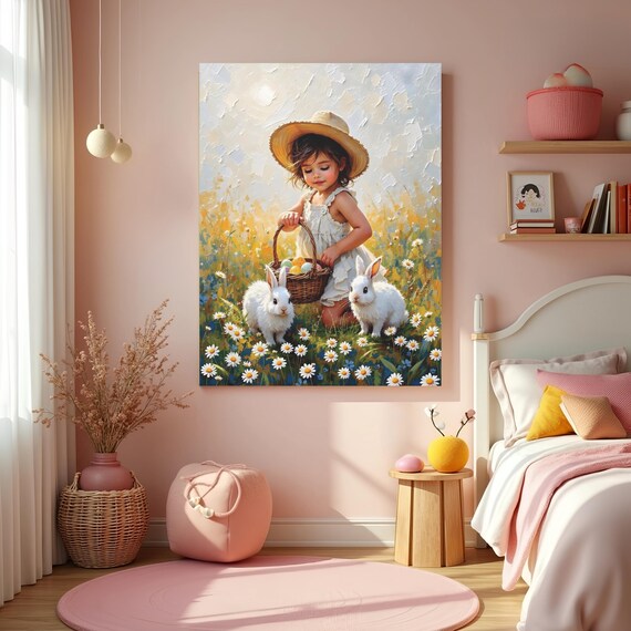 Little Girl Easter Egg Basket Bunnies Daisy Field Spring Art Poster