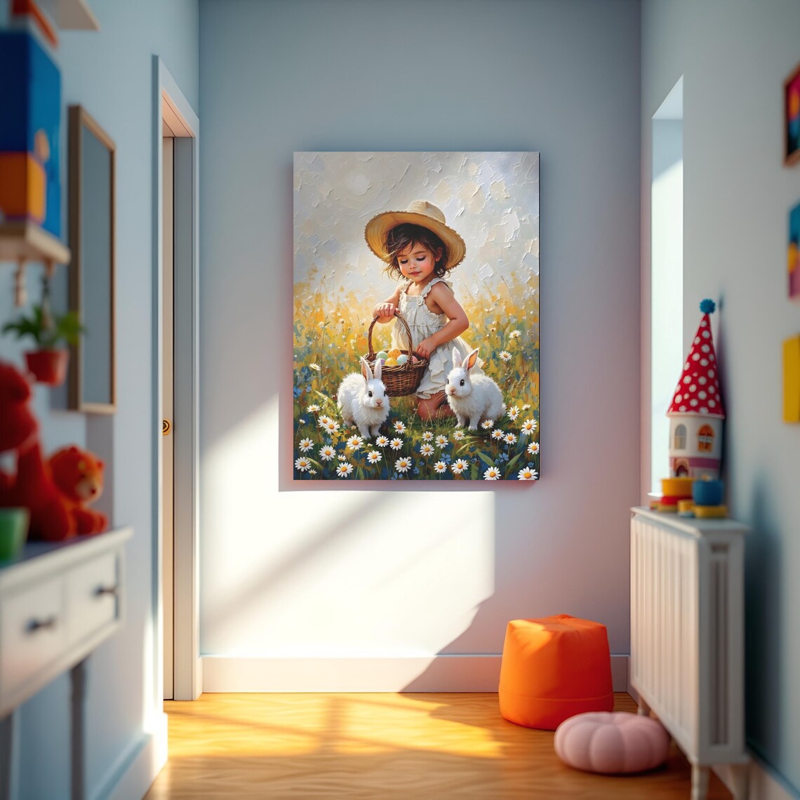 Little Girl Easter Egg Basket Bunnies Daisy Field Spring Art Poster - Image 4