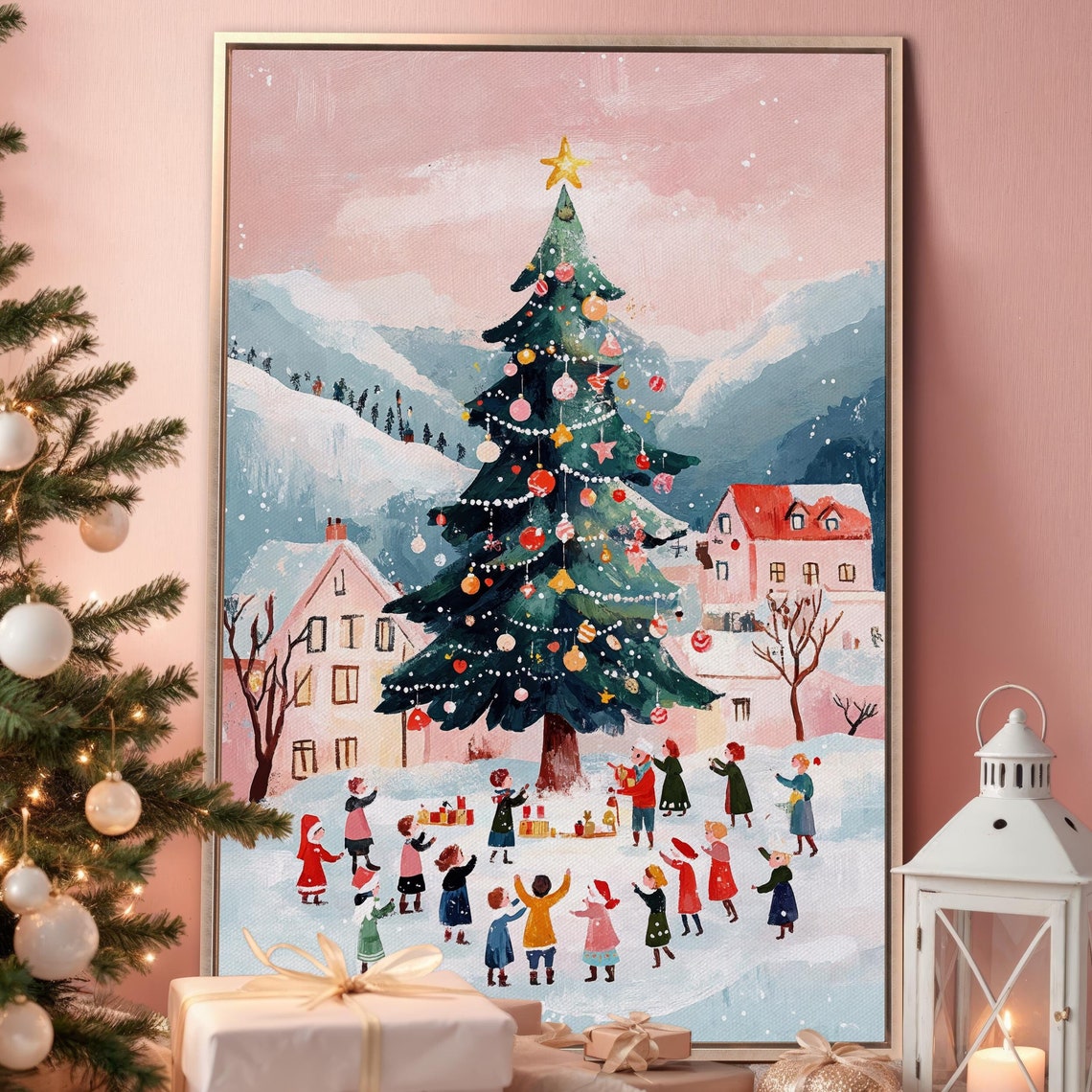 Snowy Winter Christmas Village Square Big Tree Folk Scene Poster