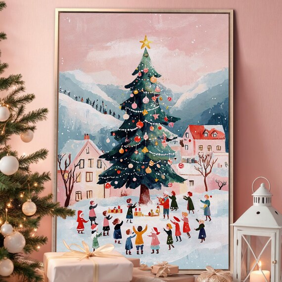 Snowy Winter Christmas Village Square Big Tree Folk Scene Poster