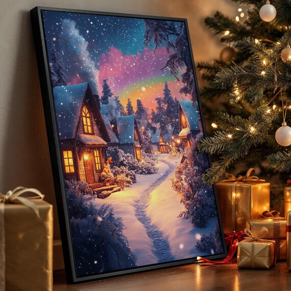 Snowy Village Fantasy Winter Wonderland Christmas Cottage Art Poster