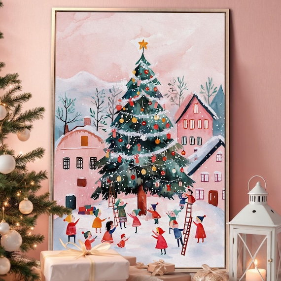 Pink Winter Village Christmas Tree Watercolor Whimsical Holiday Poster