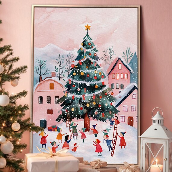 Winter Village Scene Framed Canvas Wall Art Xmas Tree Painting Print Christmas Nursery Decor Whimsical Holiday Poster Ready To Hang Gift
