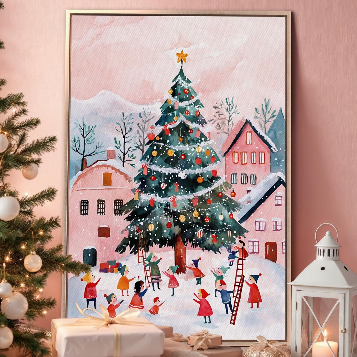 Pink Winter Village Christmas Tree Watercolor Whimsical Holiday Poster