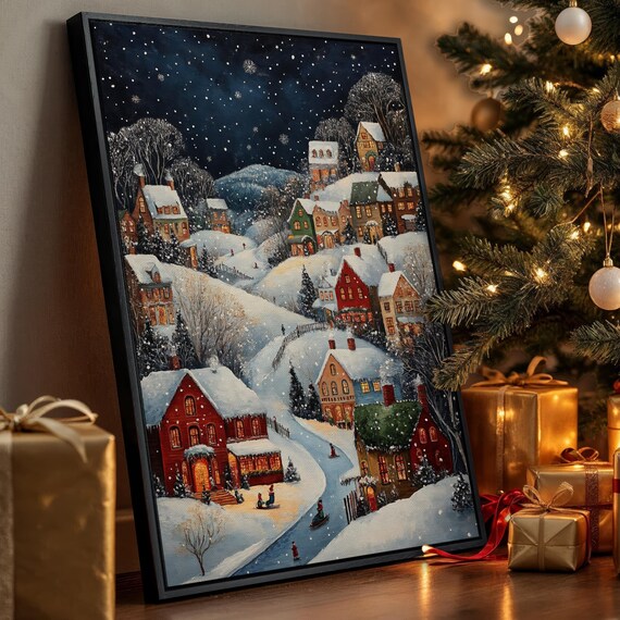 Serene Winter Village Night Poster Snowy Christmas Town Painting Decor