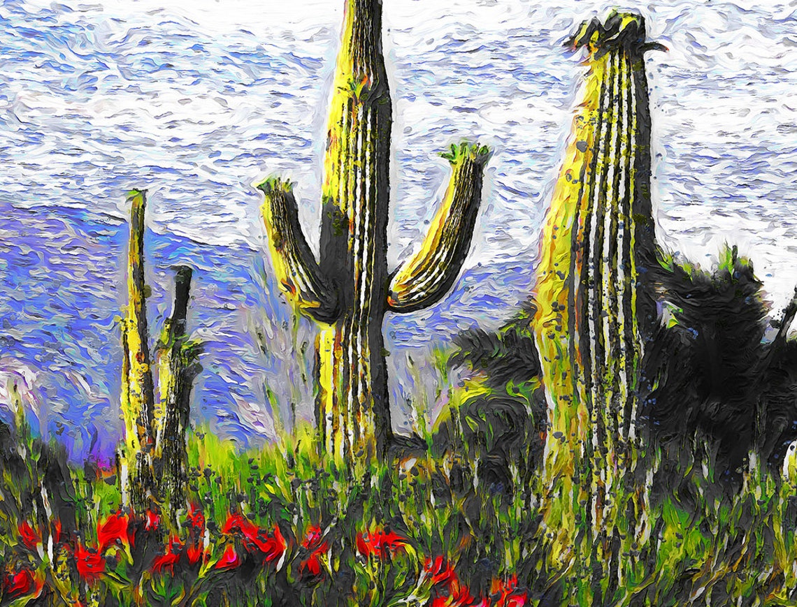 Saguaro Cactus Desert Bloom Red Wildflowers Sunny Impressionist Poster - Image 3