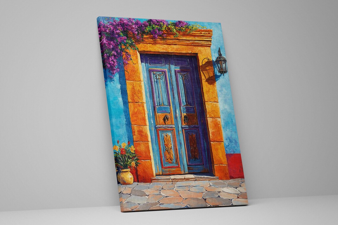 Vibrant Cobalt Blue Mexican Door Bougainvillea Lantern Courtyard Art Poster - Image 2