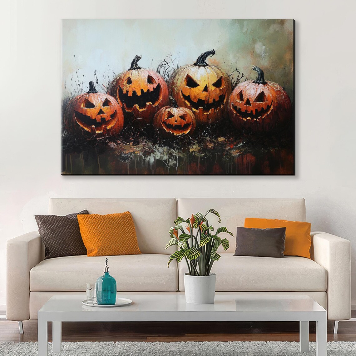 Creepy Jack O Lantern Pumpkins Halloween Grinning Faces Spooky Wall Art - Image 5