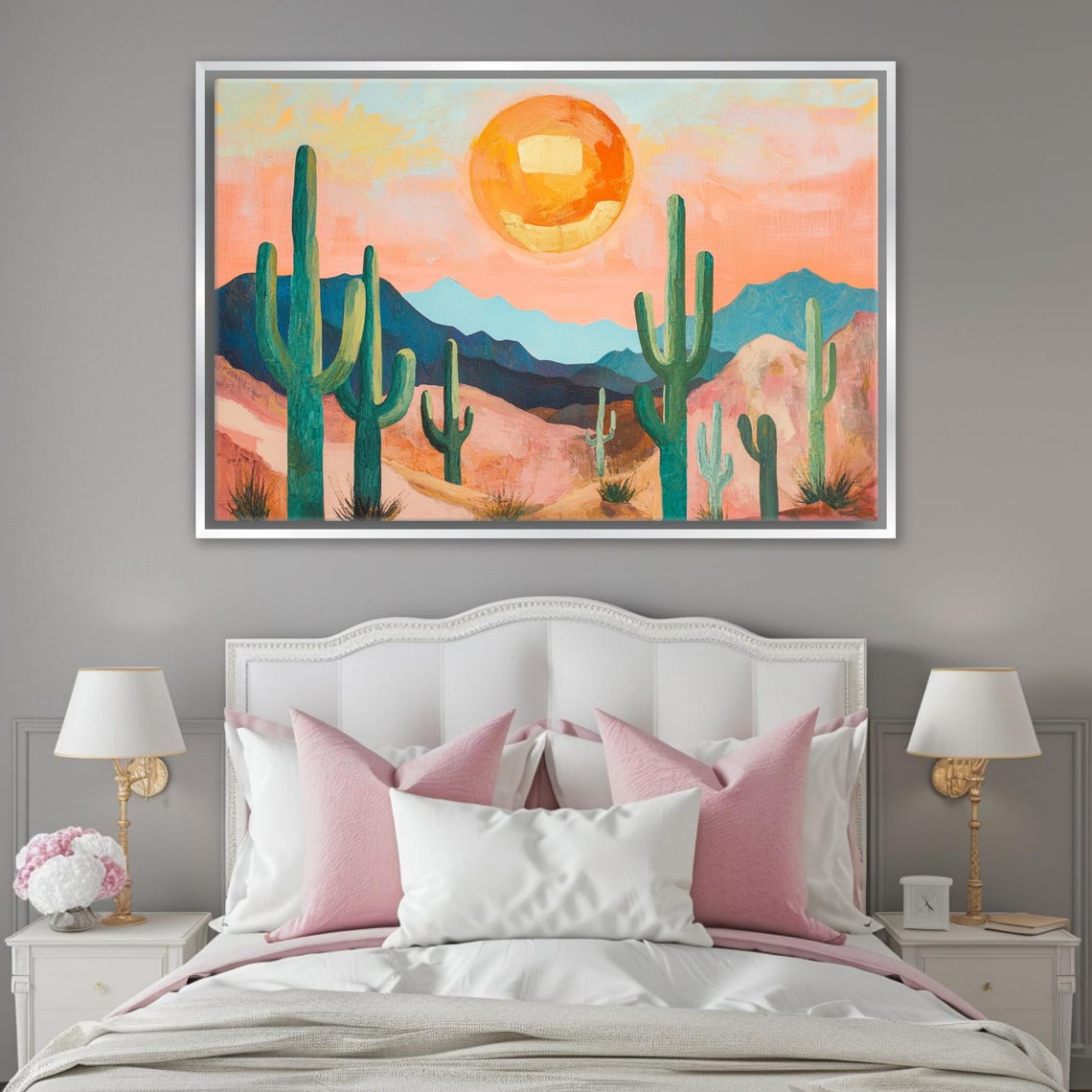 Saguaro Cactus Desert Sunset Painting Vibrant Boho Style Wall Art