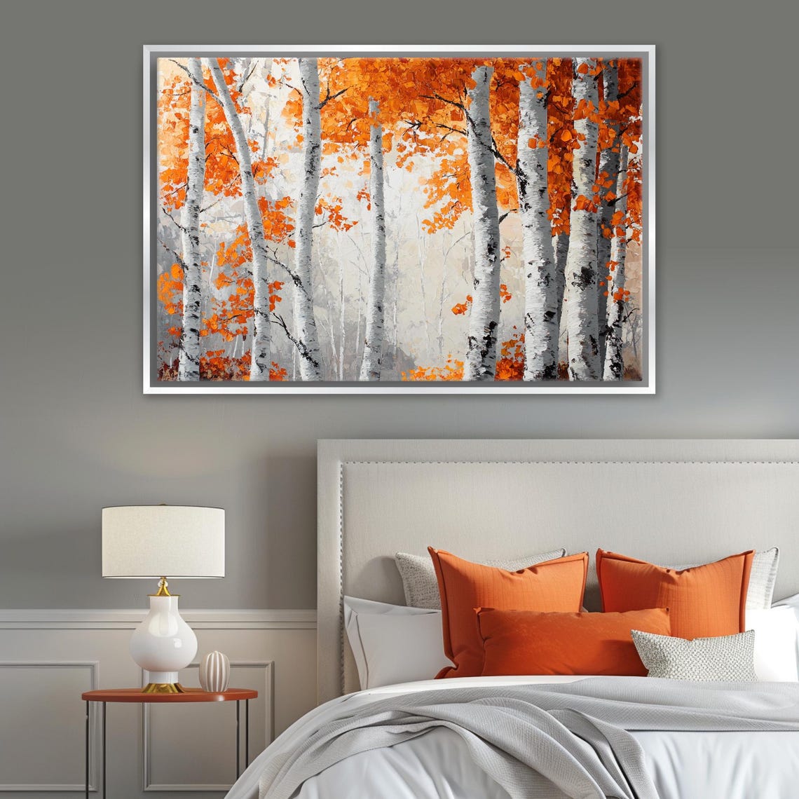 White Birch Trees Fall Orange Foliage Serene Autumn Forest Art Poster