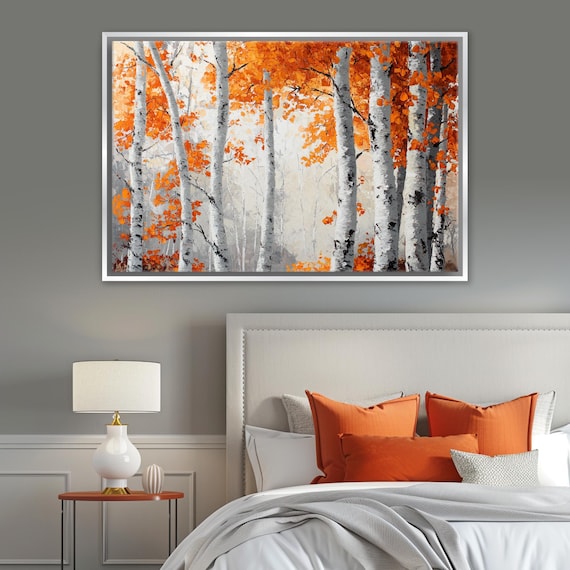 Serene Fall Birch Trees Print Orange And White Framed Or Unframed Gallery Wrapped Gicle Ready To Hang Extra Large Wall Art
