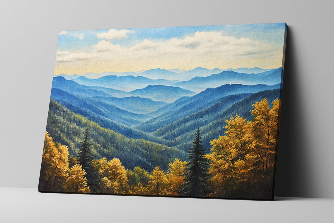 Smoky Mountains Fall Landscape Golden Autumn Blue Misty Peaks Print - Image 2