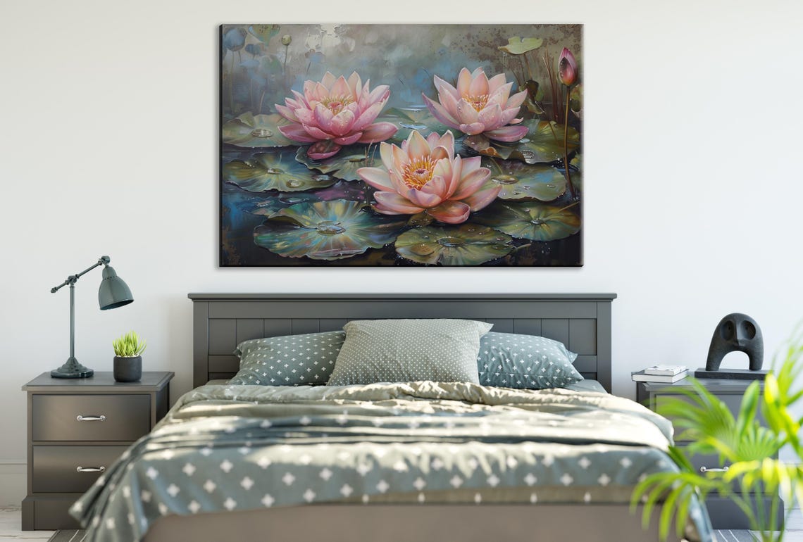 Soft Pink Lotus Blossoms Lily Pads Misty Blue Pond Floral Art Poster - Image 5