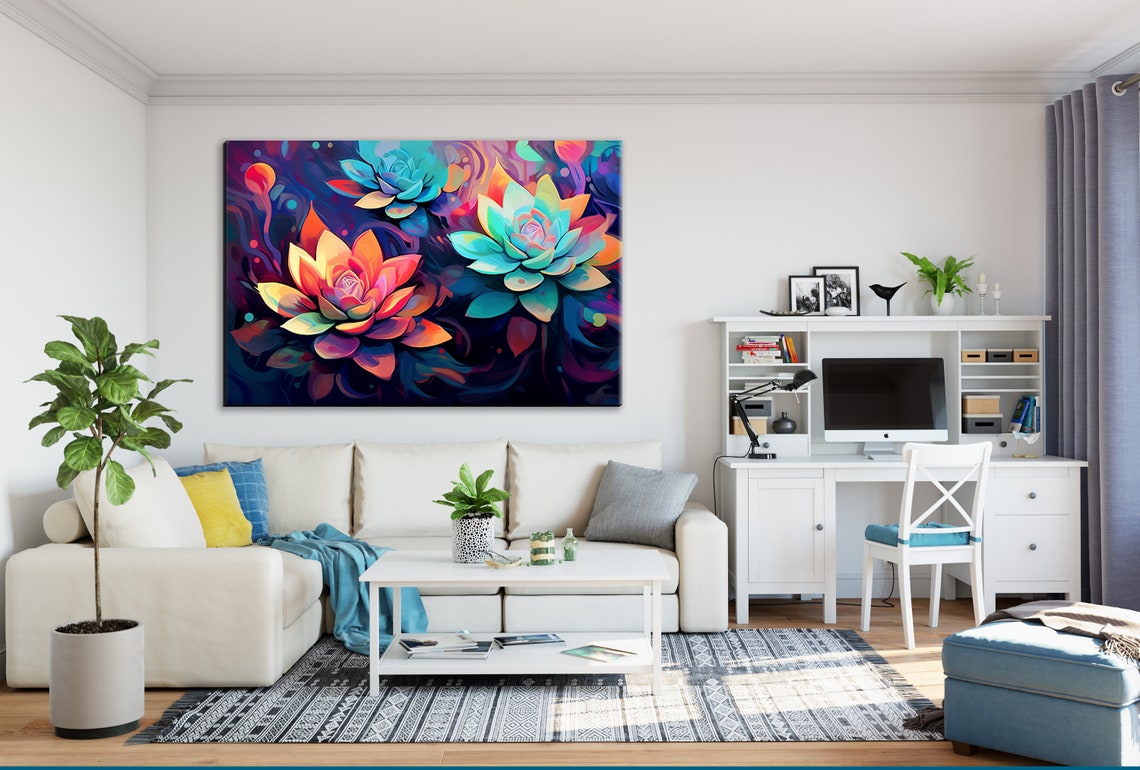 Neon Succulent Botanical Art Glowing Coral Teal Modern Wall Poster - Image 3