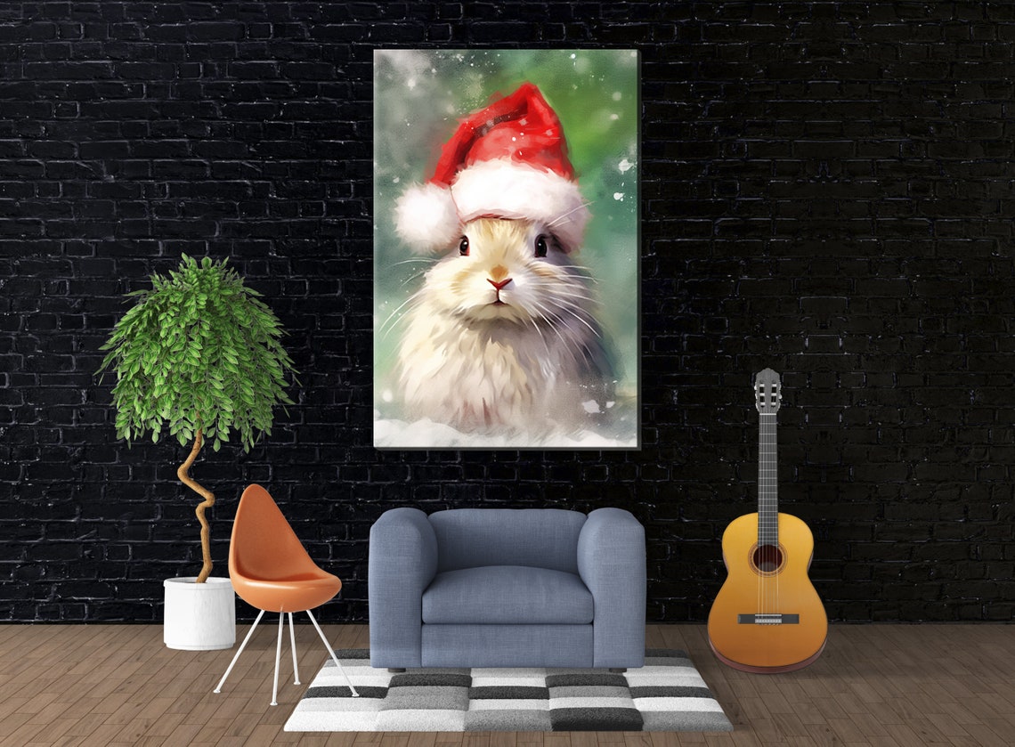 Adorable Bunny In Santa Hat Snowy Winter Cute Rabbit Art Wall Poster - Image 4