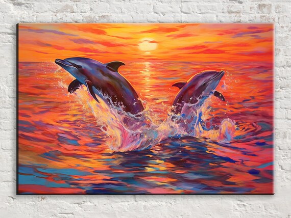 Duo Of Graceful Dolphins Swimming Beautiful Dolphin Wall Art Giclee Print On Artist Available In Extra Large Sizes