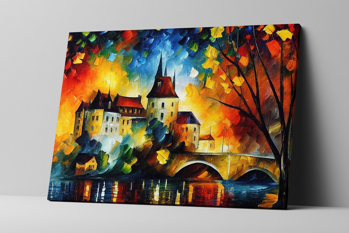 Old Town Castle Riverside Sunset Bridge Colorful Impasto Art Poster - Image 2
