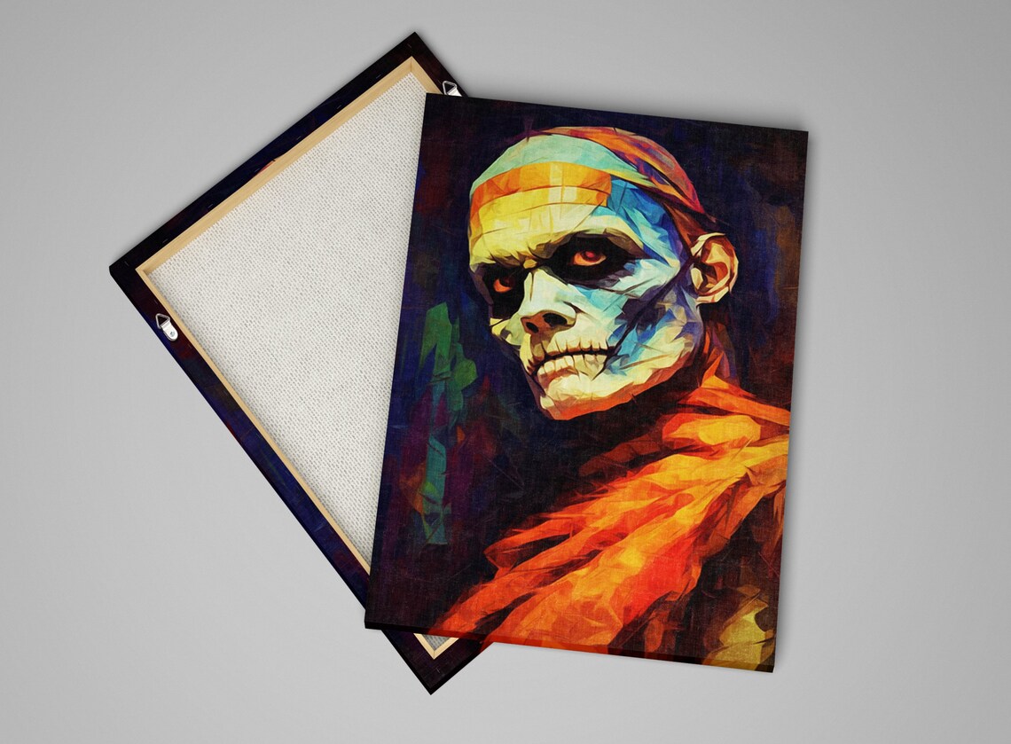 Scary Mummy Portrait Glowing Red Eyes Geometric Oil Painting Art Print - Image 4