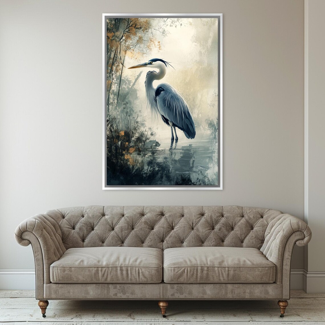 Muted Blue Heron, Coastal Bird Wall Art Print