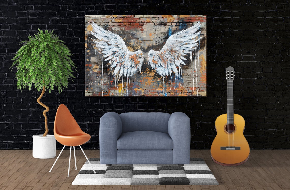 White Angel Wings Distressed Brick Wall Urban Street Art Poster - Image 3