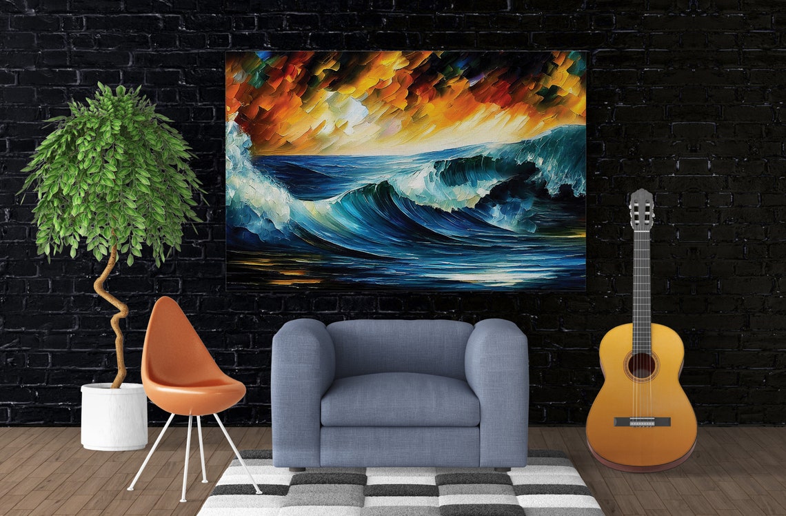 Ocean Wave at Sunset Deep Blue Surf Dramatic Sky Oil Paint Poster - Image 3