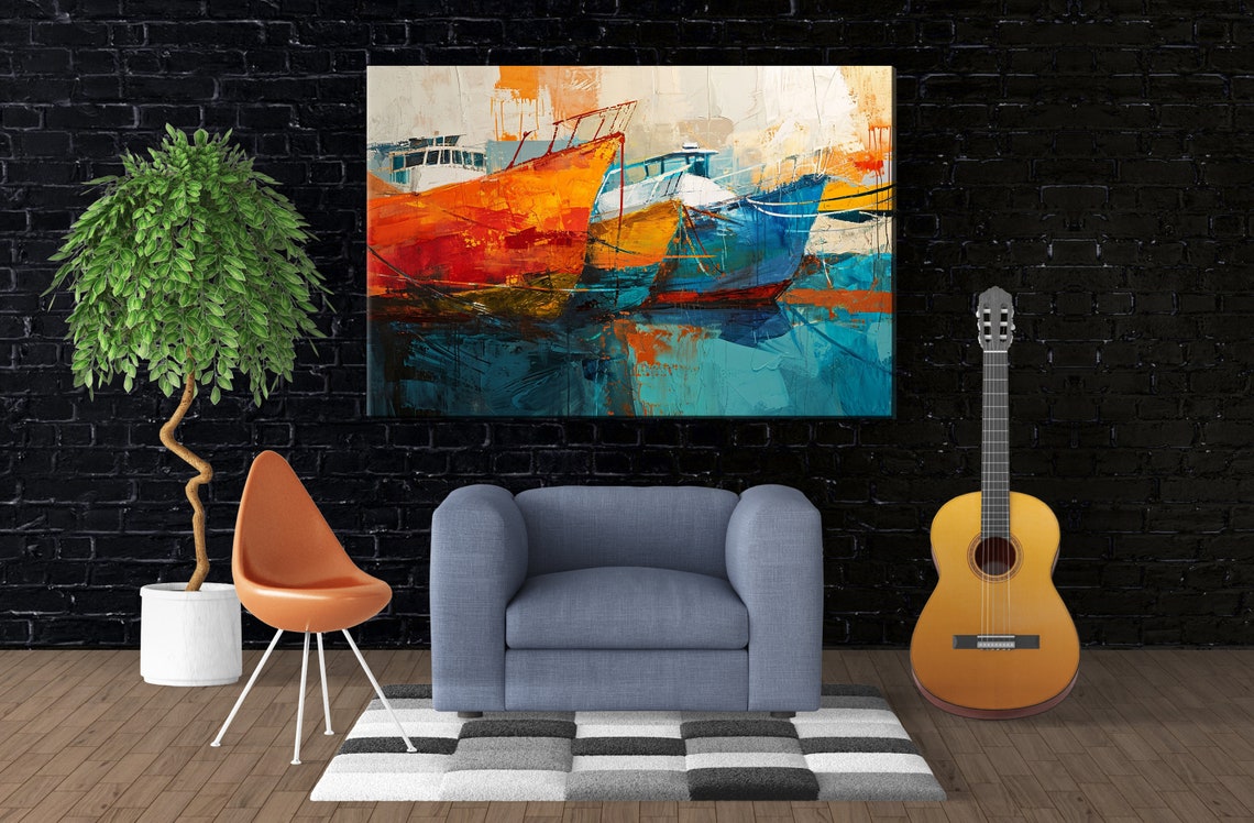 Abstract Colorful Harbor Boats Docked Orange Blue Hulls Wall Art - Image 3
