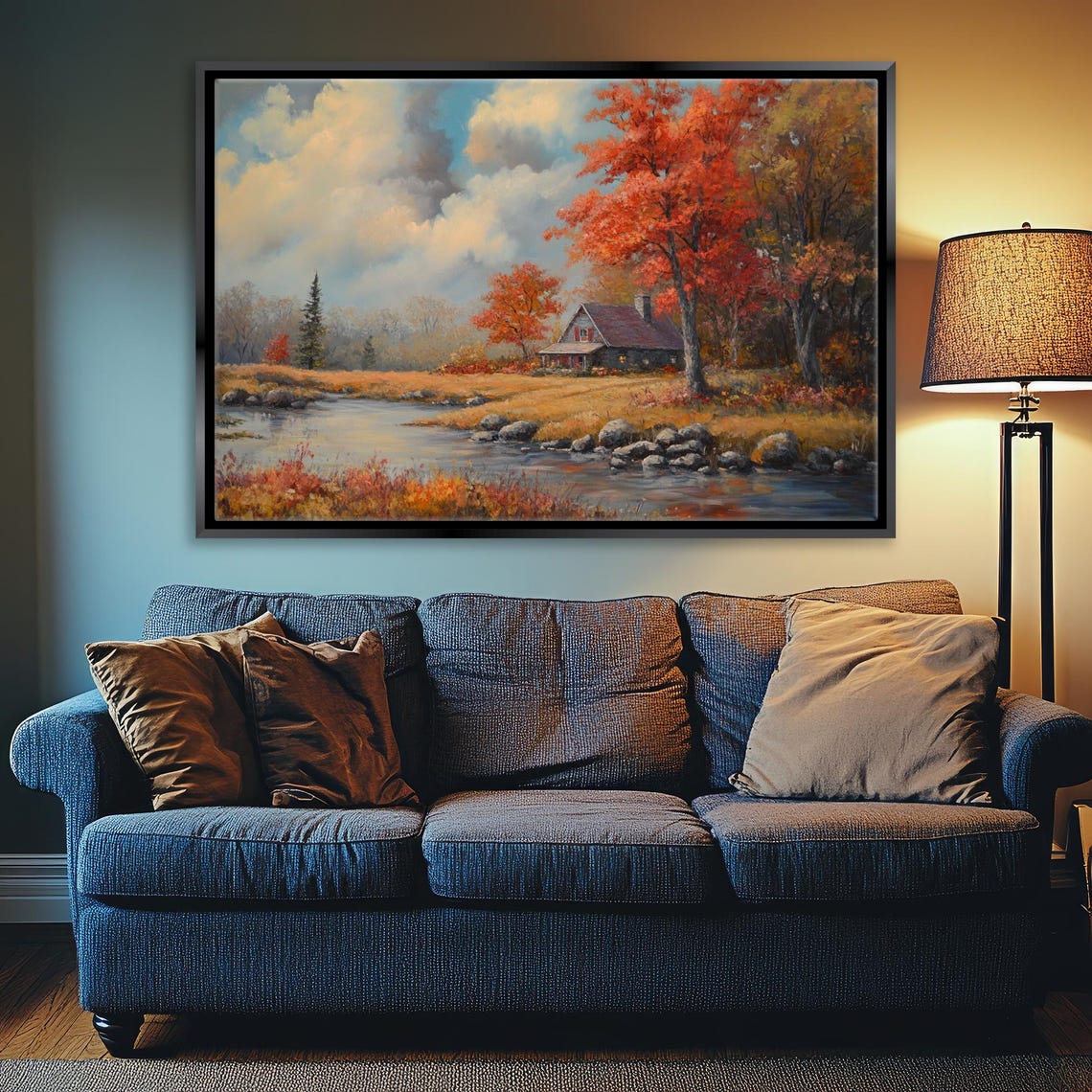 Serene Autumn Cottage Fall Landscape Stream Golden Trees Cozy Wall Art - Image 5