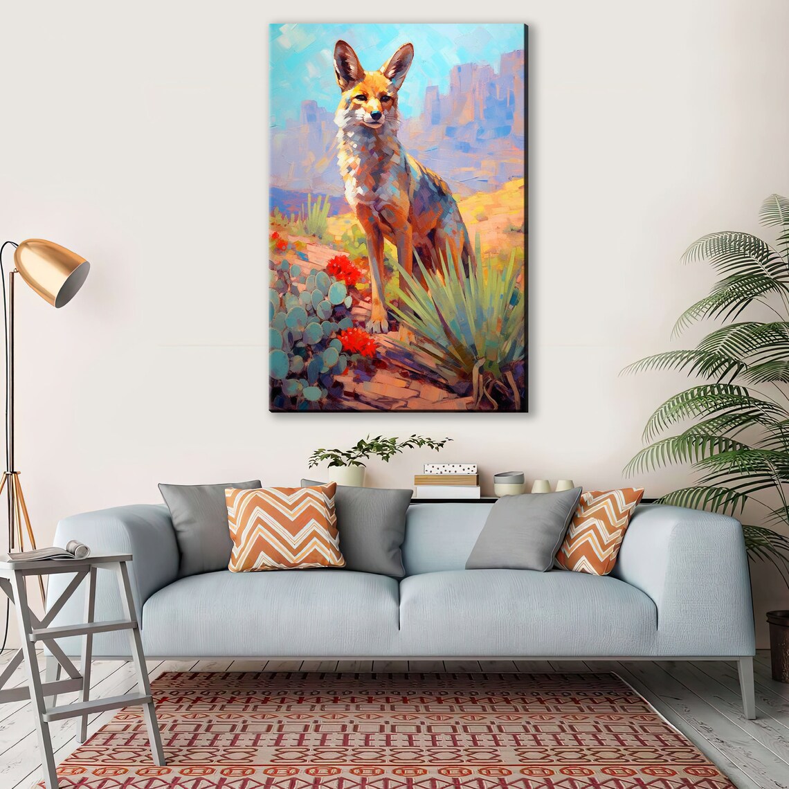 Colorful Desert Fox Southwest Wildlife Painting Cactus Canyon Scene Large Wall Art - Image 3