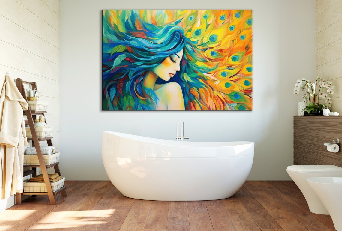 Golden Teal Hair Woman Peacock Feathers Dreamy Profile Art Poster - Image 2