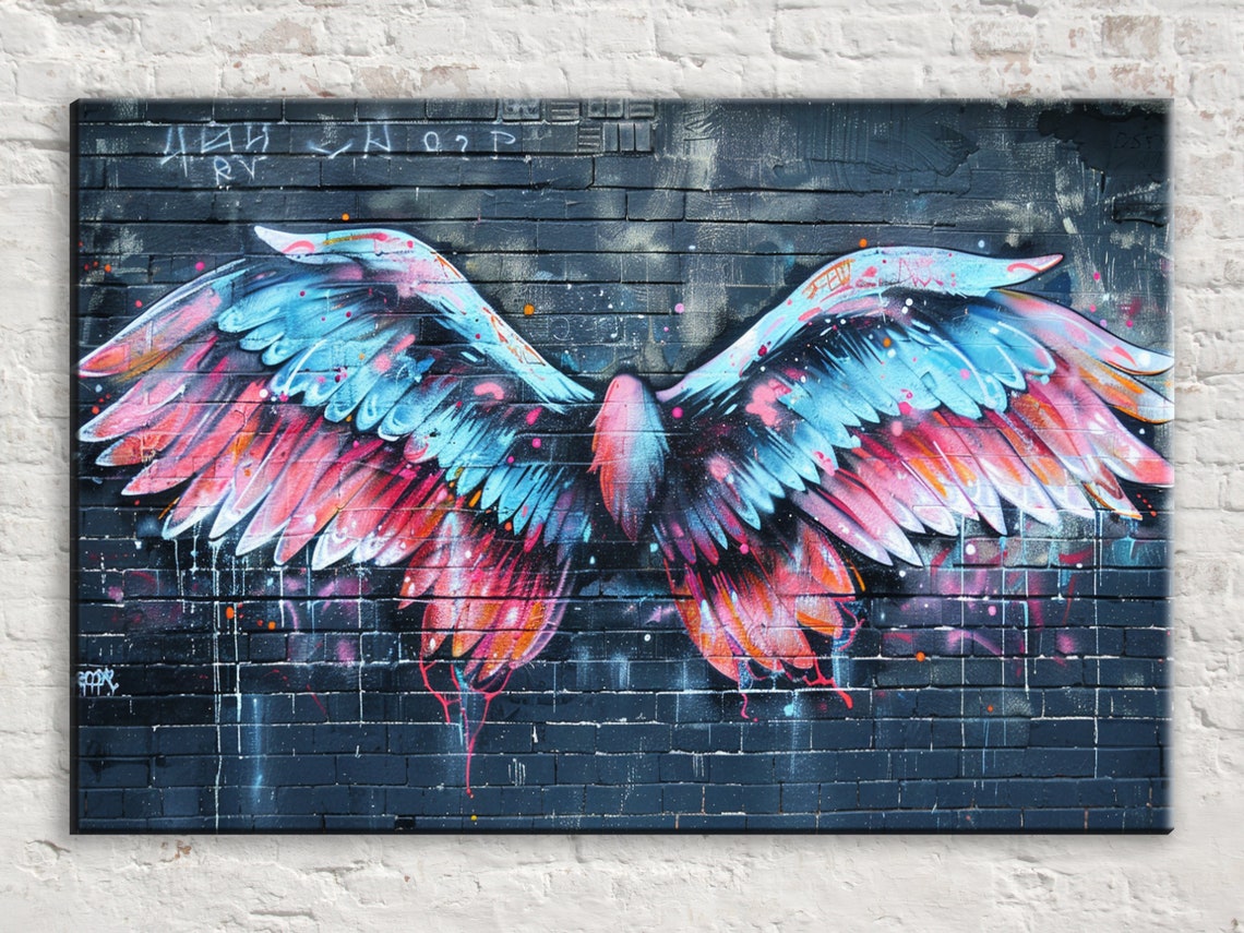 Graffiti Angel Wings Dark Brick Wall Blue Pink Street Art Poster