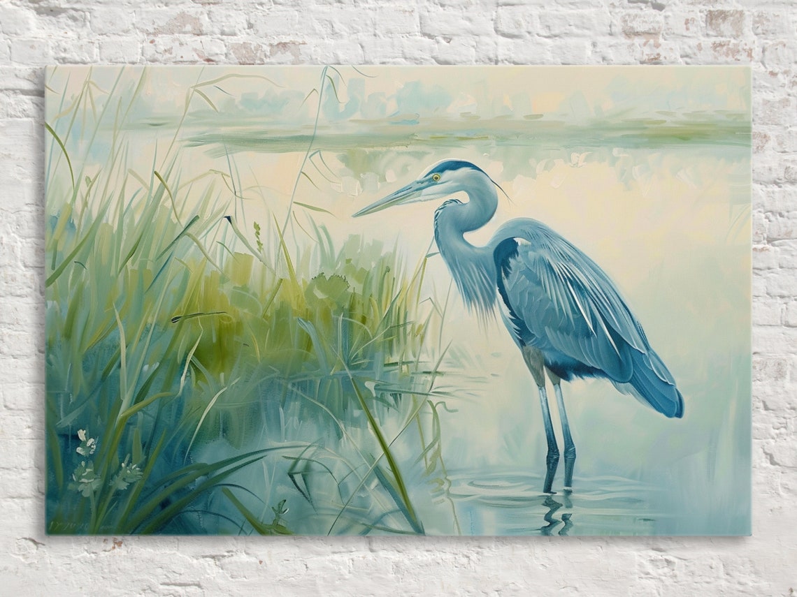 Blue Heron Misty Morning Marsh Soft Watercolor Coastal Art Poster