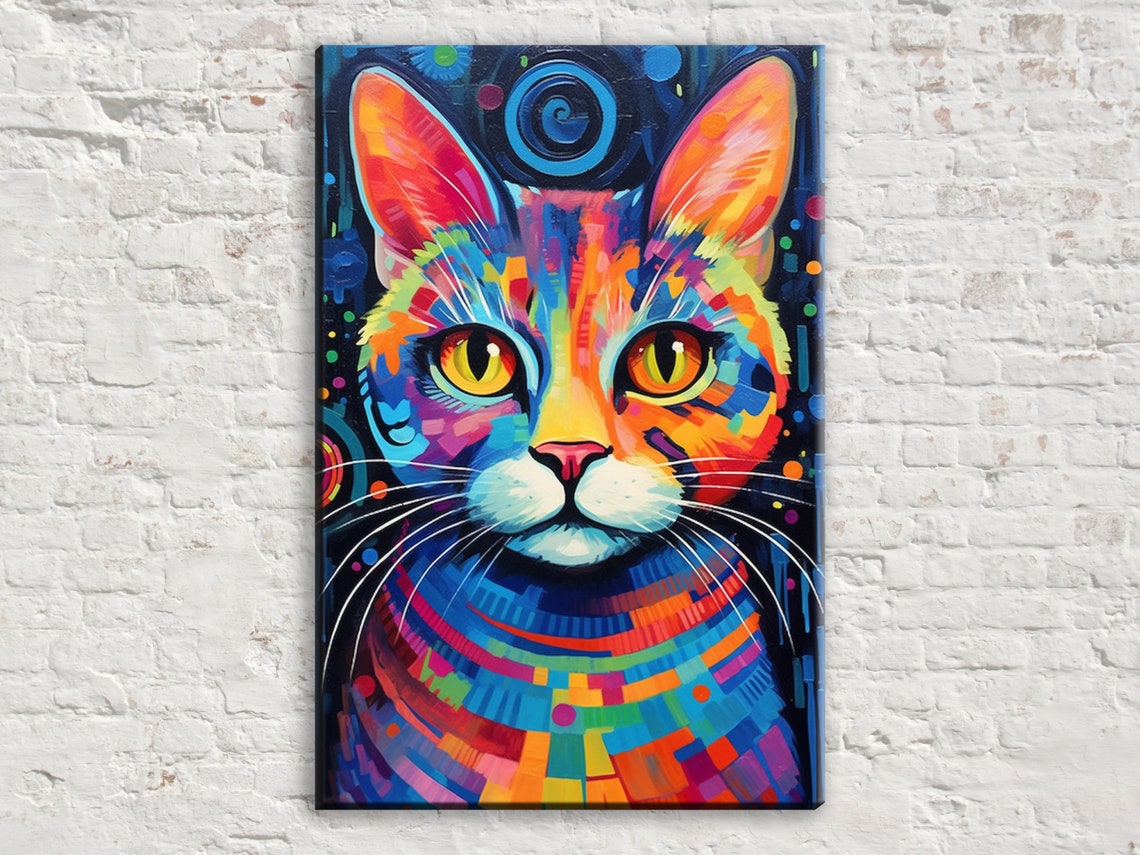 Colorful Cat Portrait Rainbow Pop Art Expressive Eyes Wall Art Print