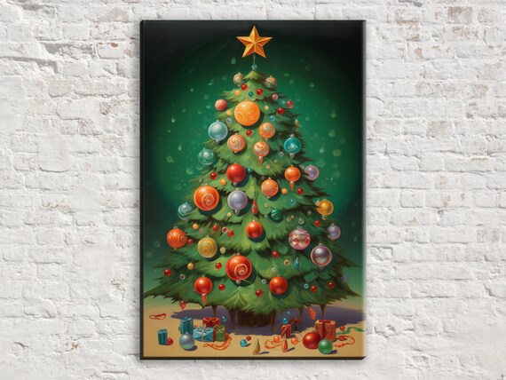 Festive Holiday Tree Illustration Giclee Print On Gallery Wrapped Artist Ready To Hang Available In Extra Large Sizes