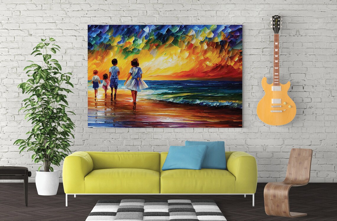 Children Walking Beach Sunset Colorful Ocean Family Art Poster - Image 4