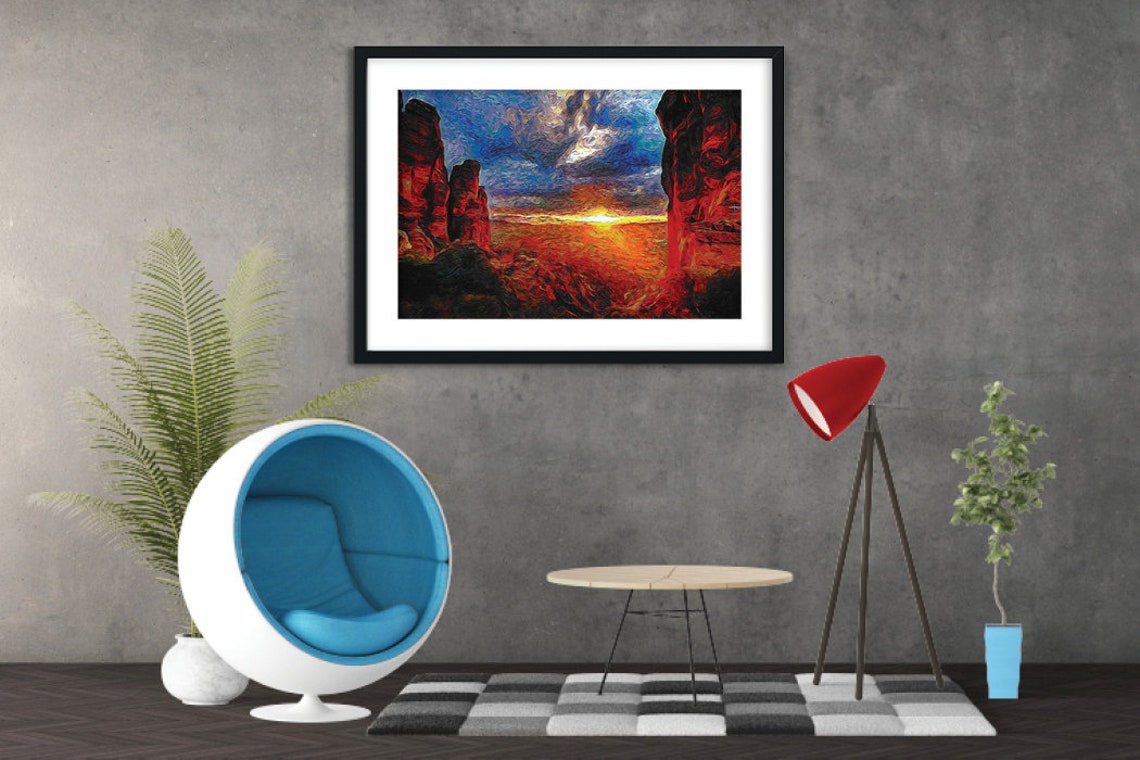 Desert Canyon Sunset Fiery Orange Glow Red Rocks Impressionist Poster - Image 2