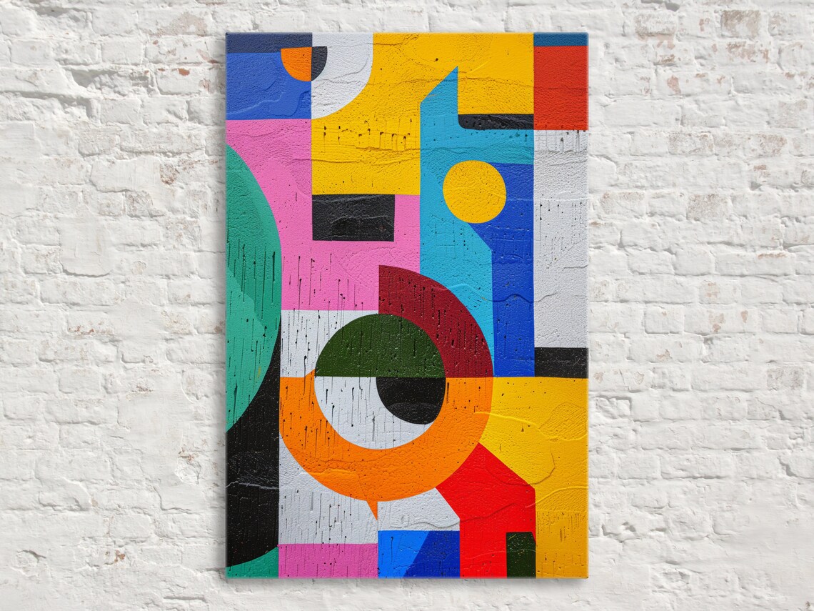 Bold Geometric Circles Squares Yellow Pink Blue Abstract Wall Art Poster
