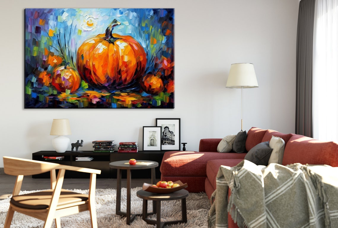 Pumpkins at Night Impasto Painting Harvest Moon Fall Art Poster - Image 2