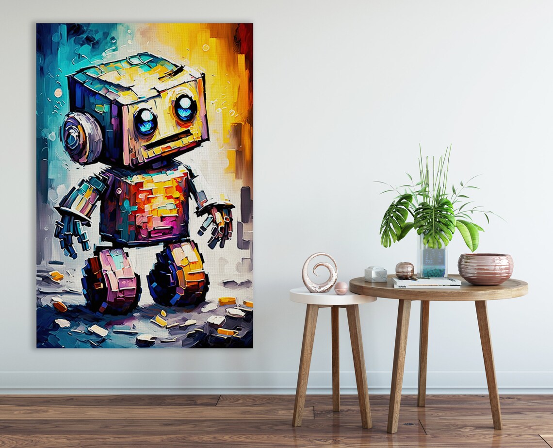 Cute Box Robot Big Blue Eyes Teal Orange Kids Room Art Poster - Image 2