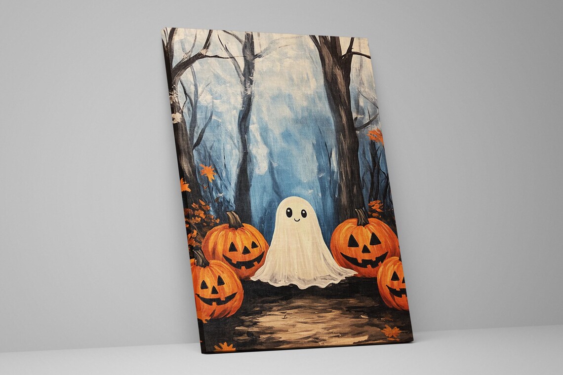 Adorable Ghost Among Glowing Jack O Lanterns In Foggy Halloween Woods Poster - Image 2