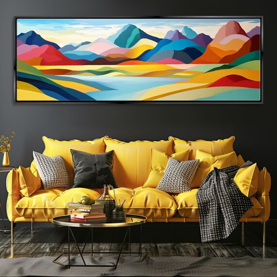 Panoramic Mid Century Boho Mountain Landscape Framed Unframed Long Horizontal Gallery Wrapped Ready To Hang Extra Large Wall Art