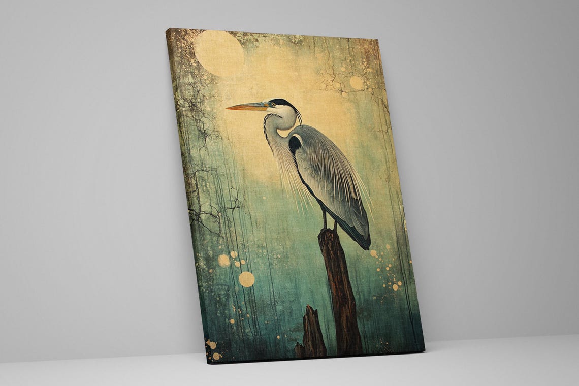 Great Blue Heron On Post Full Moon Vintage Muted Teal Bird Art Poster - Image 2