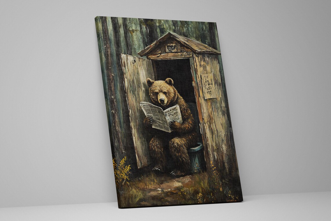 Funny Bear Reading Newspaper In Rustic Outhouse Bathroom Humor Wall Art Poster - Image 2