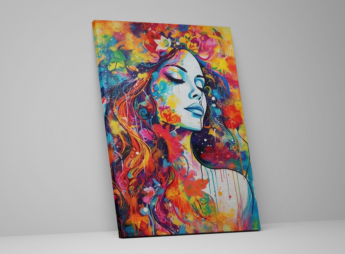 Serene Woman Face Rainbow Paint Drip Hair Floral Mixed Art Poster - Image 5
