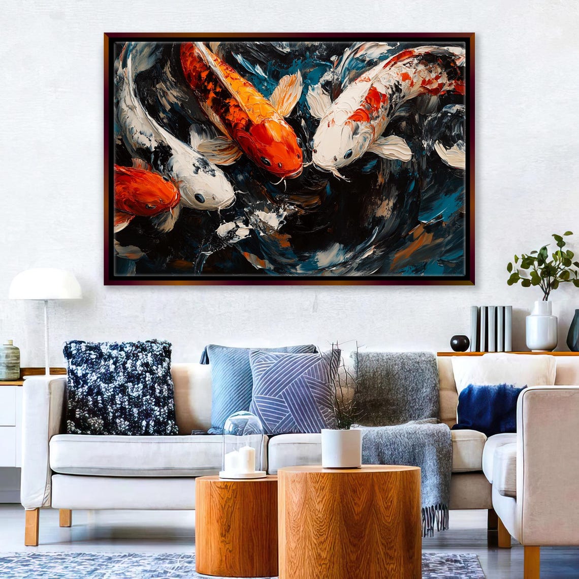 Three Koi Fish Swimming Print Zen Home Decor Framed Or Unframed Gallery Wrapped Gicle Ready To Hang Extra Large Wall Art - Image 4