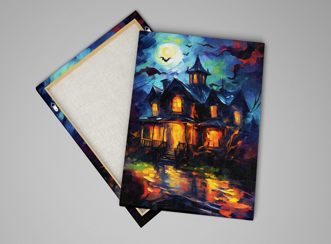 Eerie Haunted Victorian House Full Moon Bats Night Oil Painting Poster - Image 4