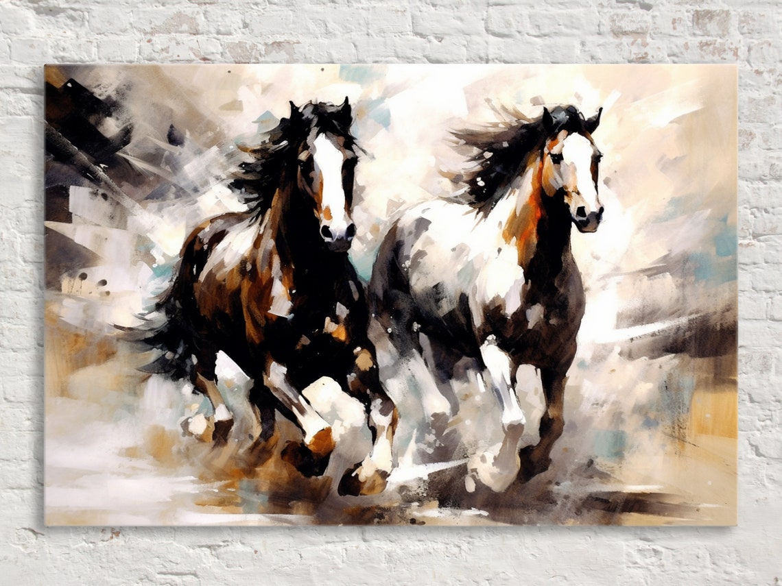 Dynamic Duo Galloping Horses Brown White Equestrian Art Poster
