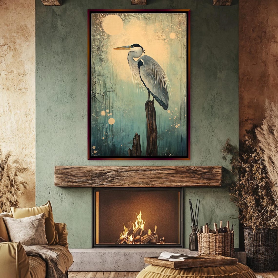 Great Blue Heron On Post Full Moon Vintage Muted Teal Bird Art Poster