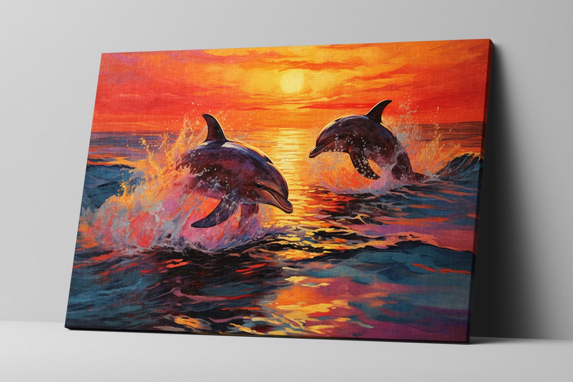 Playful Twin Dolphins Splashing Golden Sunset Waves Ocean Art Poster - Image 5