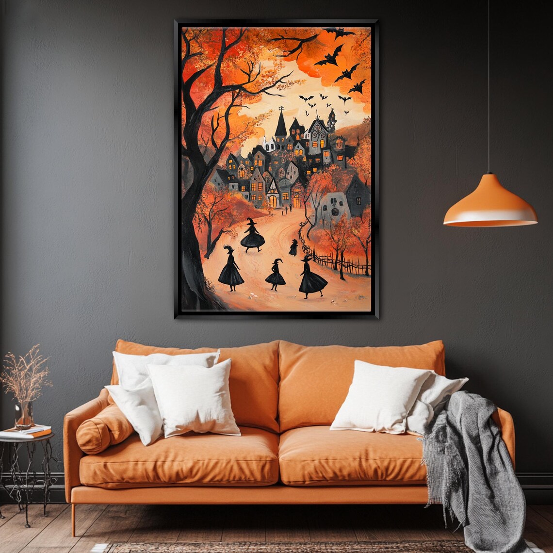 Halloween Witch Town Festive Scene Orange Sky Bats Spooky Village Wall Art - Image 4